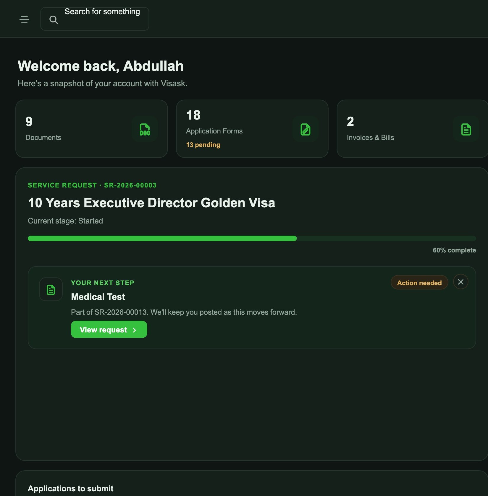 The Visask customer portal dashboard — a live account overview with a '10 Years Executive Director Golden Visa' application at 60% complete, its current stage, and the next step (Medical Test) to action, above quick counts of documents, application forms and invoices.